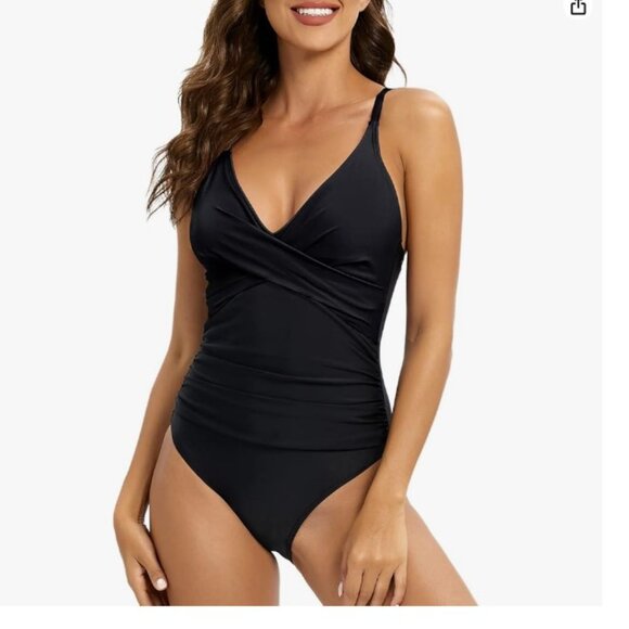 NWT One Piece Swimsuit Front Cross Tummy Control slimming Size L black - Picture 2 of 6
